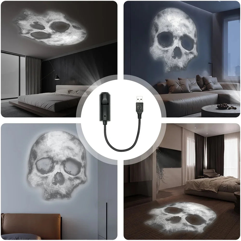 360° Rotating Skull LED Night Light with Interchangeable Faces & Palm Prints – USB-Powered Halloween Wall & Ceiling Decoration