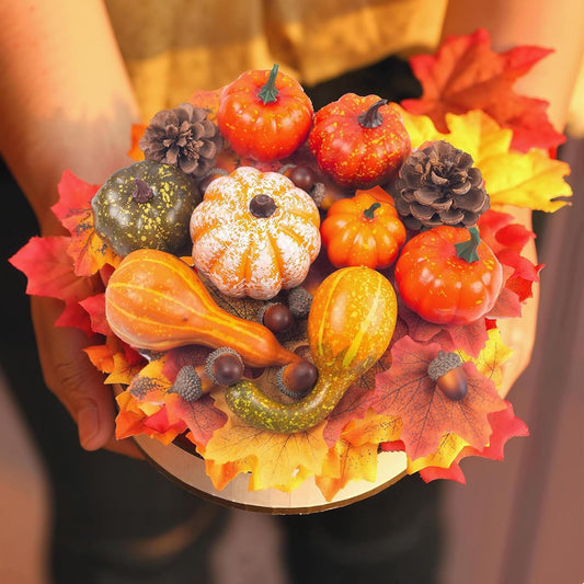 50pcs Autumn Decorations – Artificial Halloween Pumpkins & Mini Maple Leaves