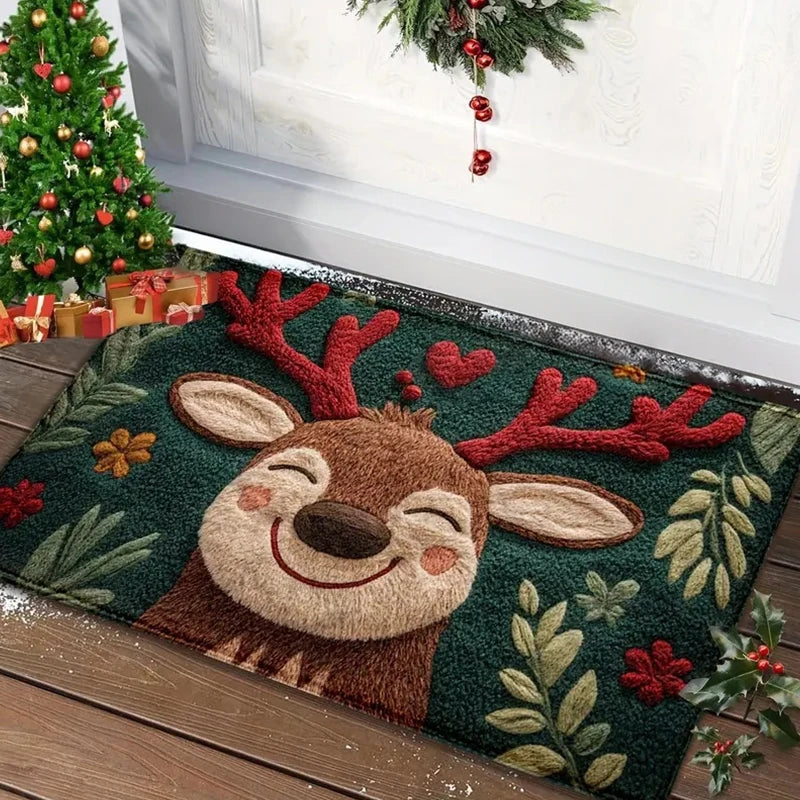 Decorative doormat with a reindeer design in front of a Christmas tree.