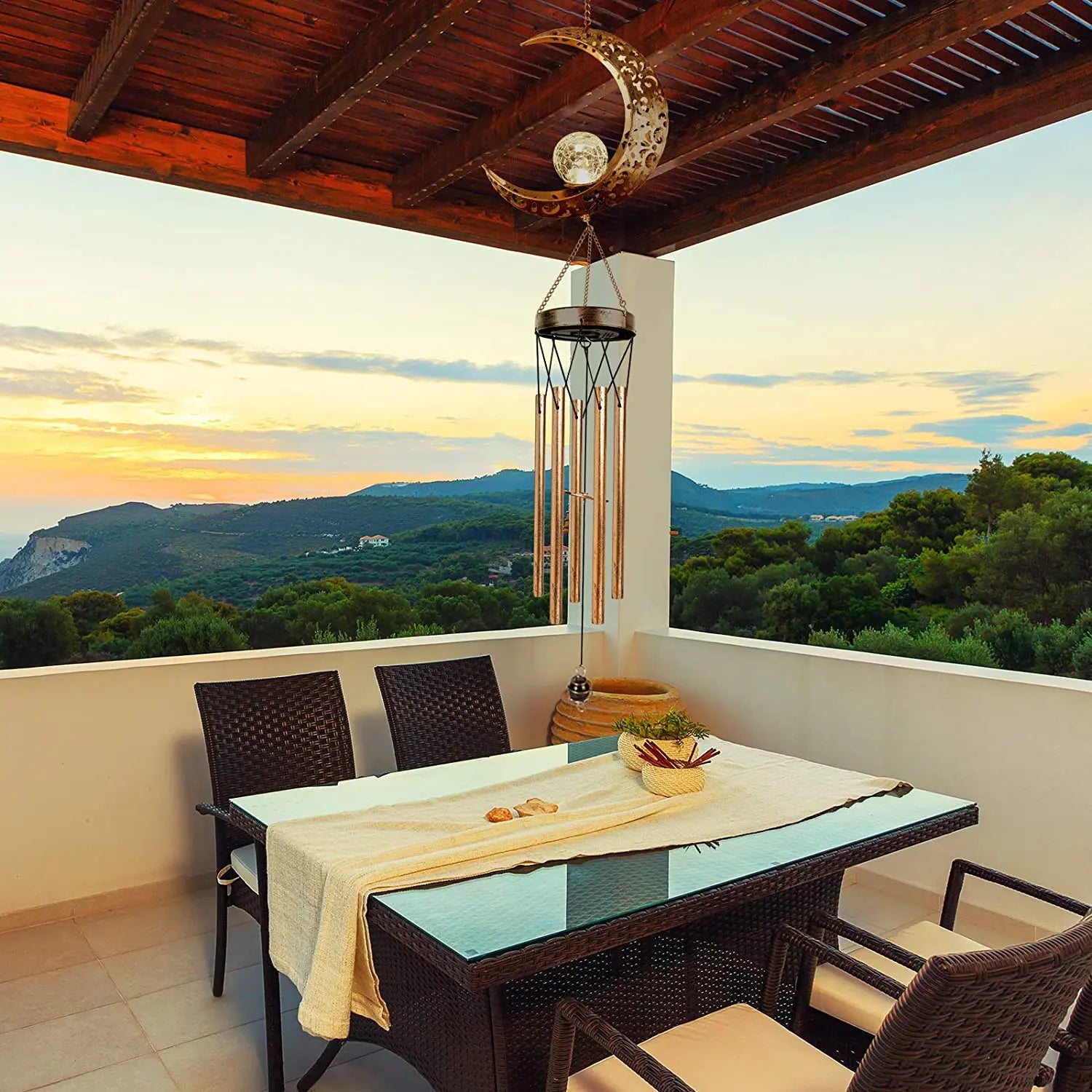 Solar Metal Wind Chimes – Moon, Sun & Stars Design, Waterproof Outdoor Glowing Wind Bells for Garden, Patio & Home Décor