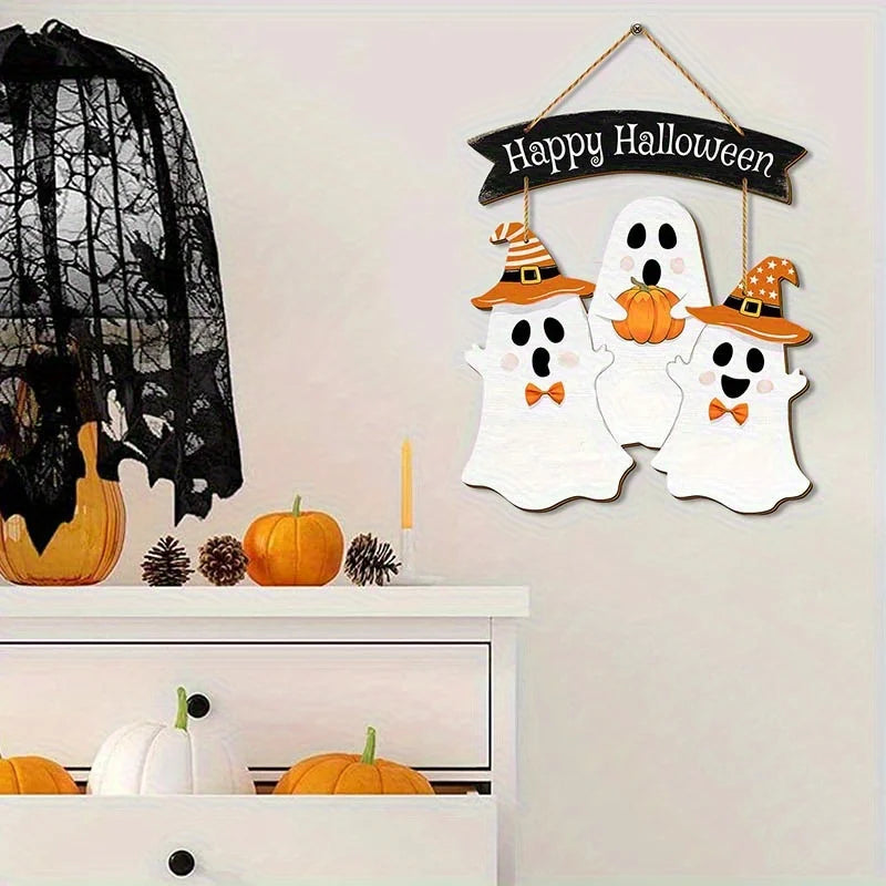 Halloween Wooden Door Hanging – Pumpkin & Ghost Sign | Rustic Wooden Pendant for Home, Party, or Carnival Night Decoration