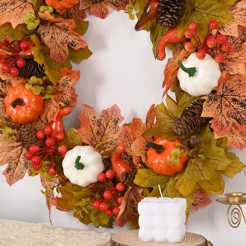 45cm Autumn Harvest Wreath – Artificial Pumpkin, Berry & Maple Leaf Front Door Decoration for Autumn/Fall & Halloween