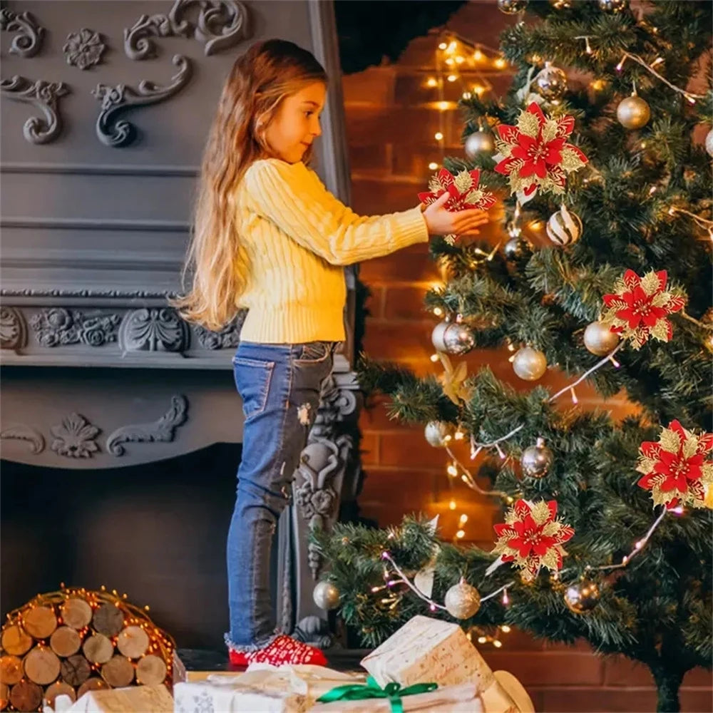 5/10pcs Glitter Christmas Poinsettia Flower Ornaments – 14.5cm Artificial Decorations for Tree & Home