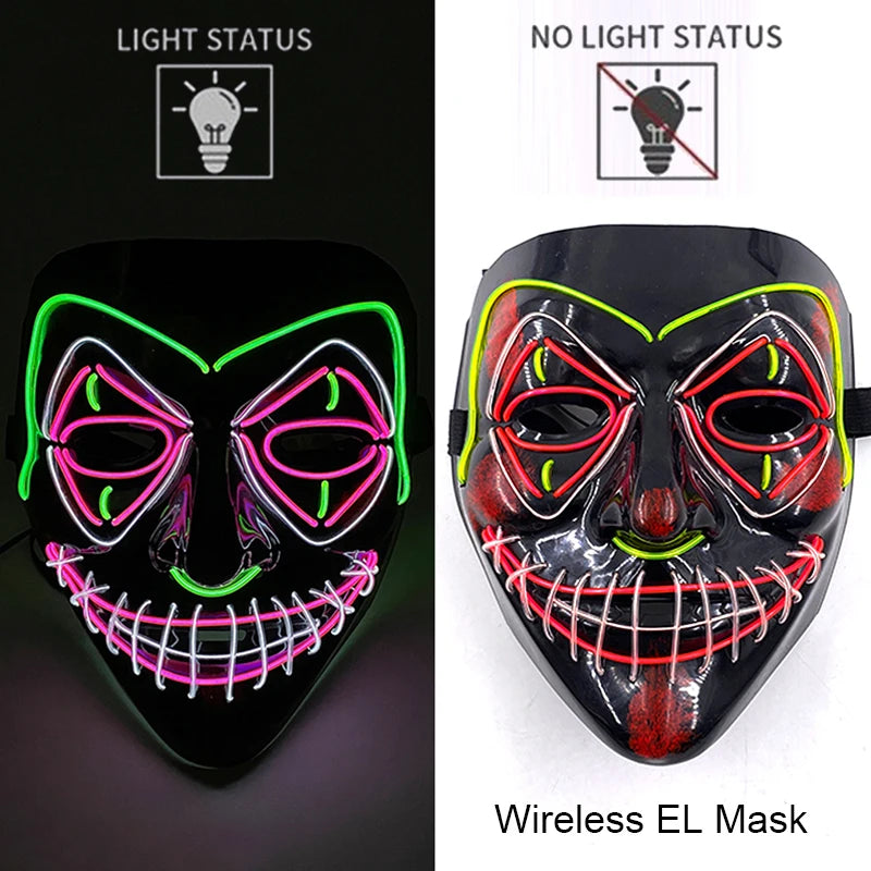 Wireless Neon LED Purge Mask – Glow-in-the-Dark Halloween Cosplay, Masquerade & Party Dress-Up Mask