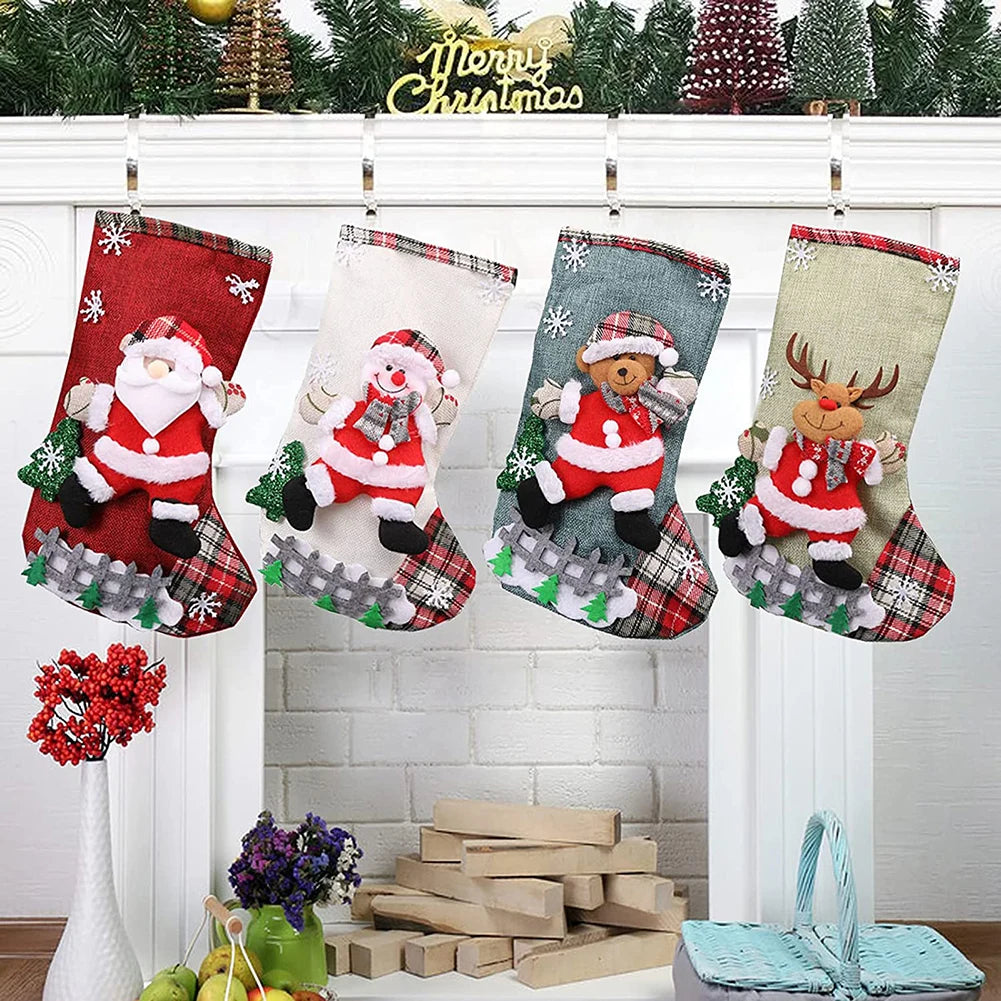 4pcs Large Christmas Stockings Set – Santa, Snowman, Bear & Elk Xmas Home Decorations