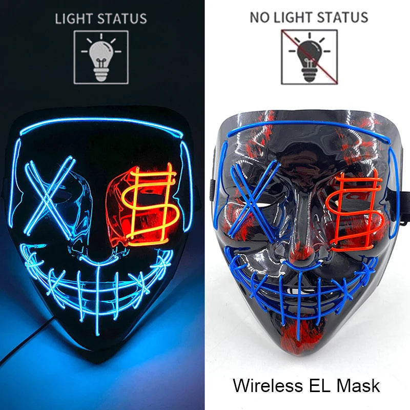 Wireless Neon LED Purge Mask – Glow-in-the-Dark Halloween Cosplay, Masquerade & Party Dress-Up Mask