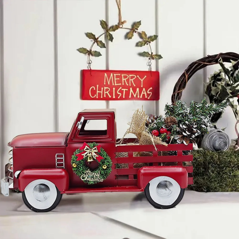 Red Christmas Truck with Tree & Warm White Twinkling Lights – Festive Farmhouse Holiday Decoration