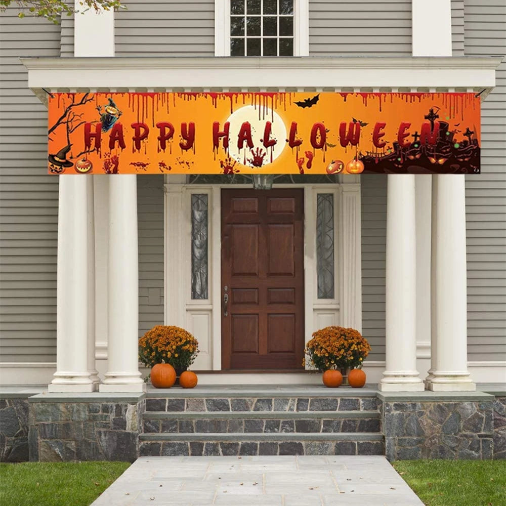 Happy Halloween Banner – 250cm Hanging Halloween Sign with Pumpkin & Bloody Handprint Design | Indoor & Outdoor Yard Party Decoration
