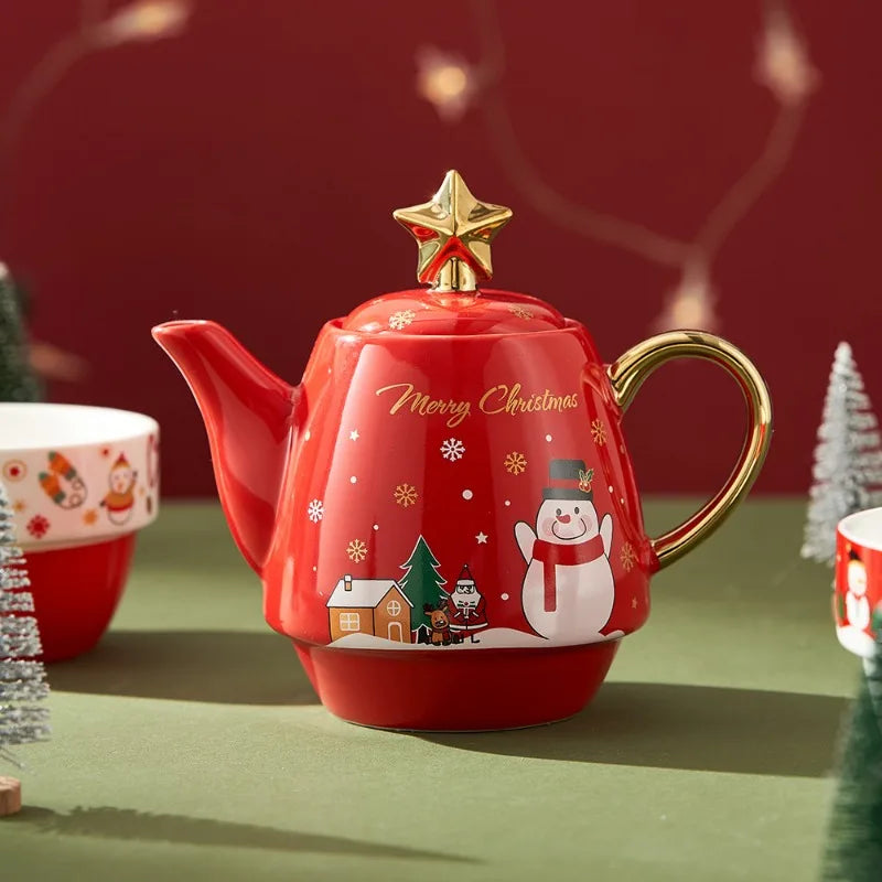 Christmas Ceramic Teapot & Teacup Set – Santa Claus or Elk Design with Gift Box