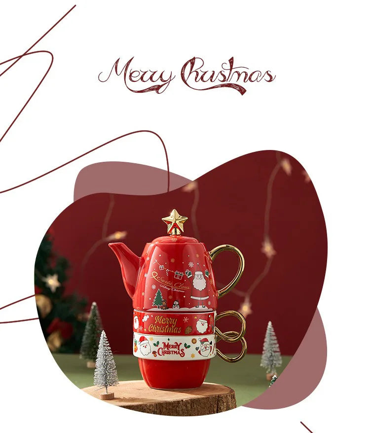 Christmas Ceramic Teapot & Teacup Set – Santa Claus or Elk Design with Gift Box