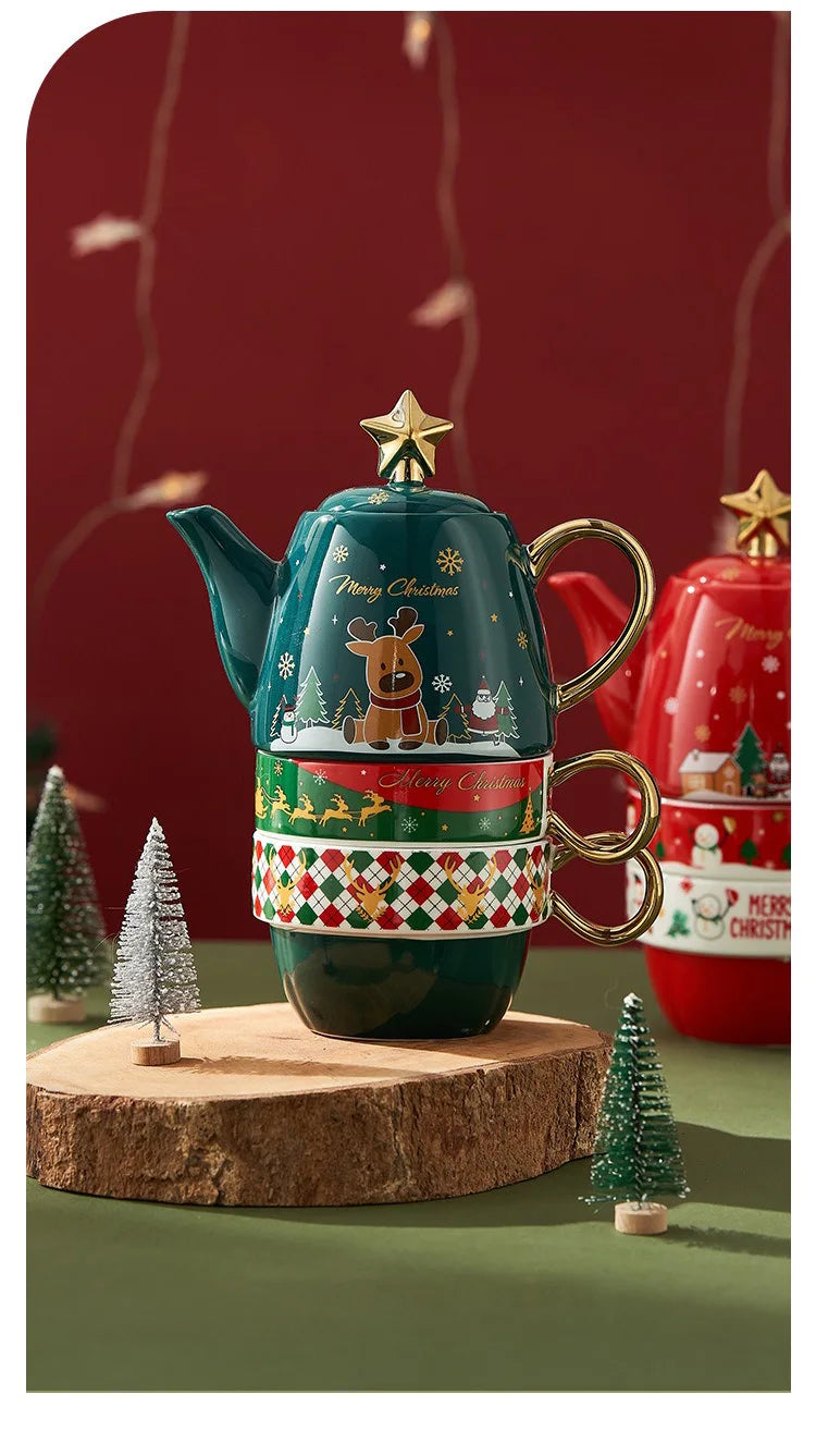 Christmas Ceramic Teapot & Teacup Set – Santa Claus or Elk Design with Gift Box