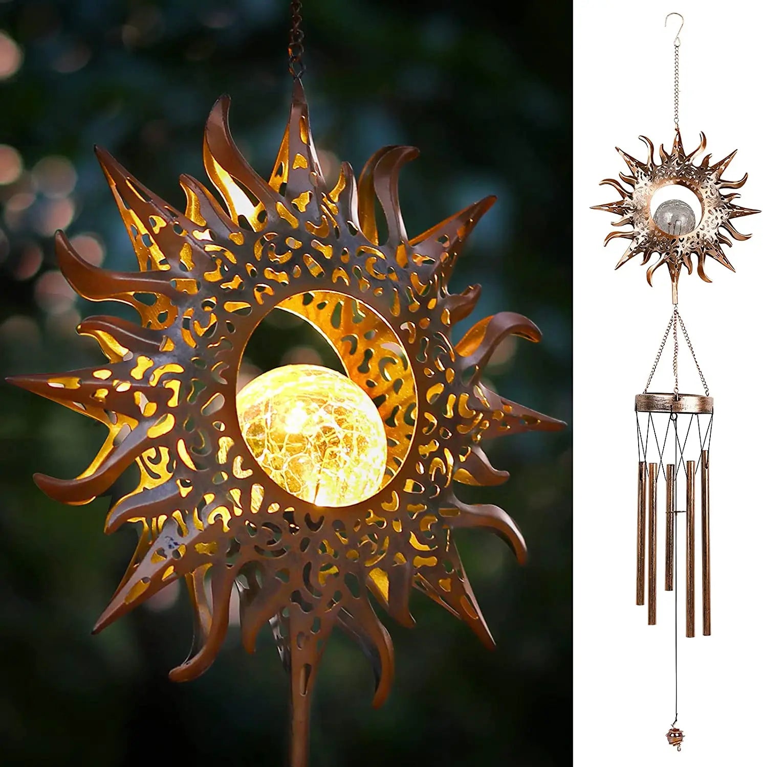 Solar Metal Wind Chimes – Moon, Sun & Stars Design, Waterproof Outdoor Glowing Wind Bells for Garden, Patio & Home Décor