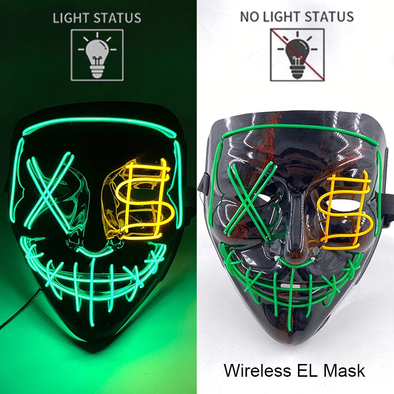 Wireless Neon LED Purge Mask – Glow-in-the-Dark Halloween Cosplay, Masquerade & Party Dress-Up Mask