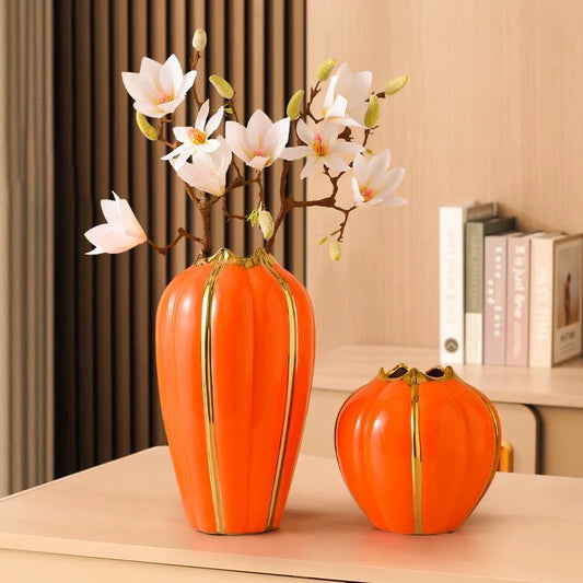 Nordic Pumpkin Ceramic Vase with Gold Edge – Green or Orange Decorative Vase for Home, Living Room & Office Decor (1PC)