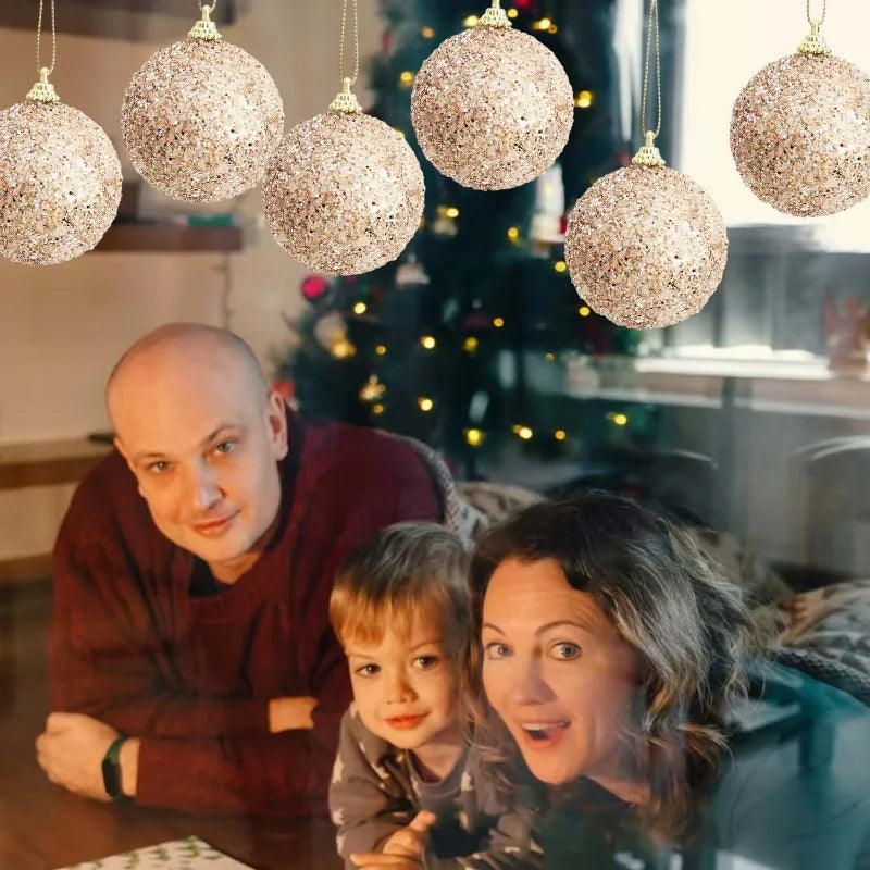 6pcs Glitter Champagne Gold Christmas Baubles – Sparkling Tree Ornaments for Xmas & New Year Party Décor