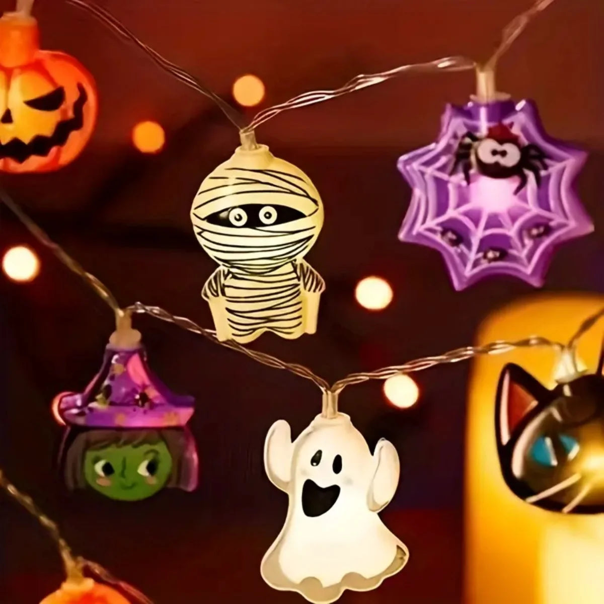 Halloween LED String Lights – 10/20 Battery-Powered Lights with Ghost, Pumpkin, Spider Web, Skeleton & Witch Designs for Indoor Décor