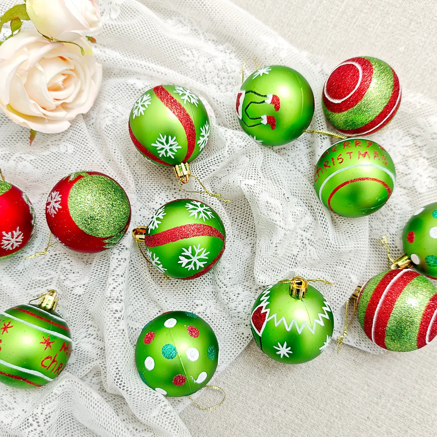 Set of 9/12/34 Grinch-Inspired Christmas Baubles – Green Painted Ornaments for Tree & Home Festive Décor