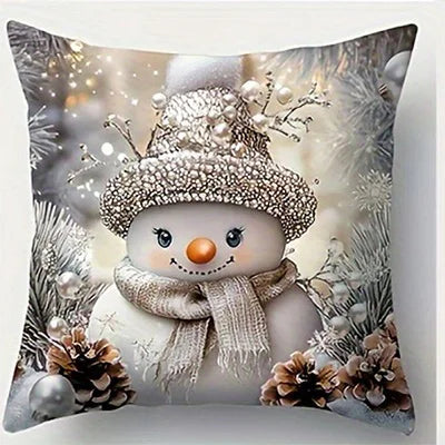 Festive Christmas Cushion Cover – Santa & Snowman Design | Decorative Throw Pillow Cover for Sofa, Bedroom, or Car