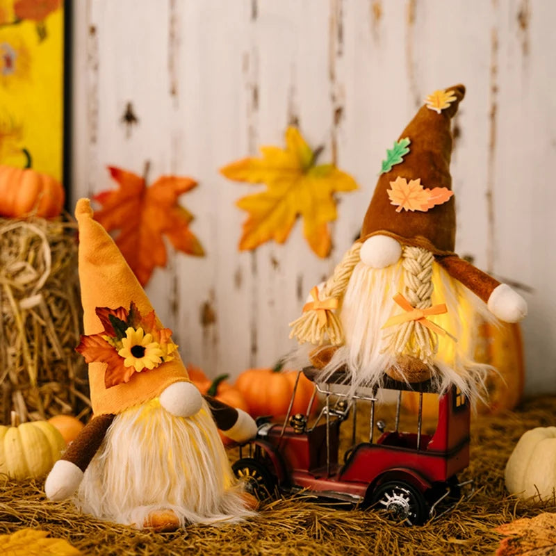 Autumn Gnome Plush Decoration – Maple Leaf & Sunflower Faceless Doll | Light-Up Fall Elf Ornament