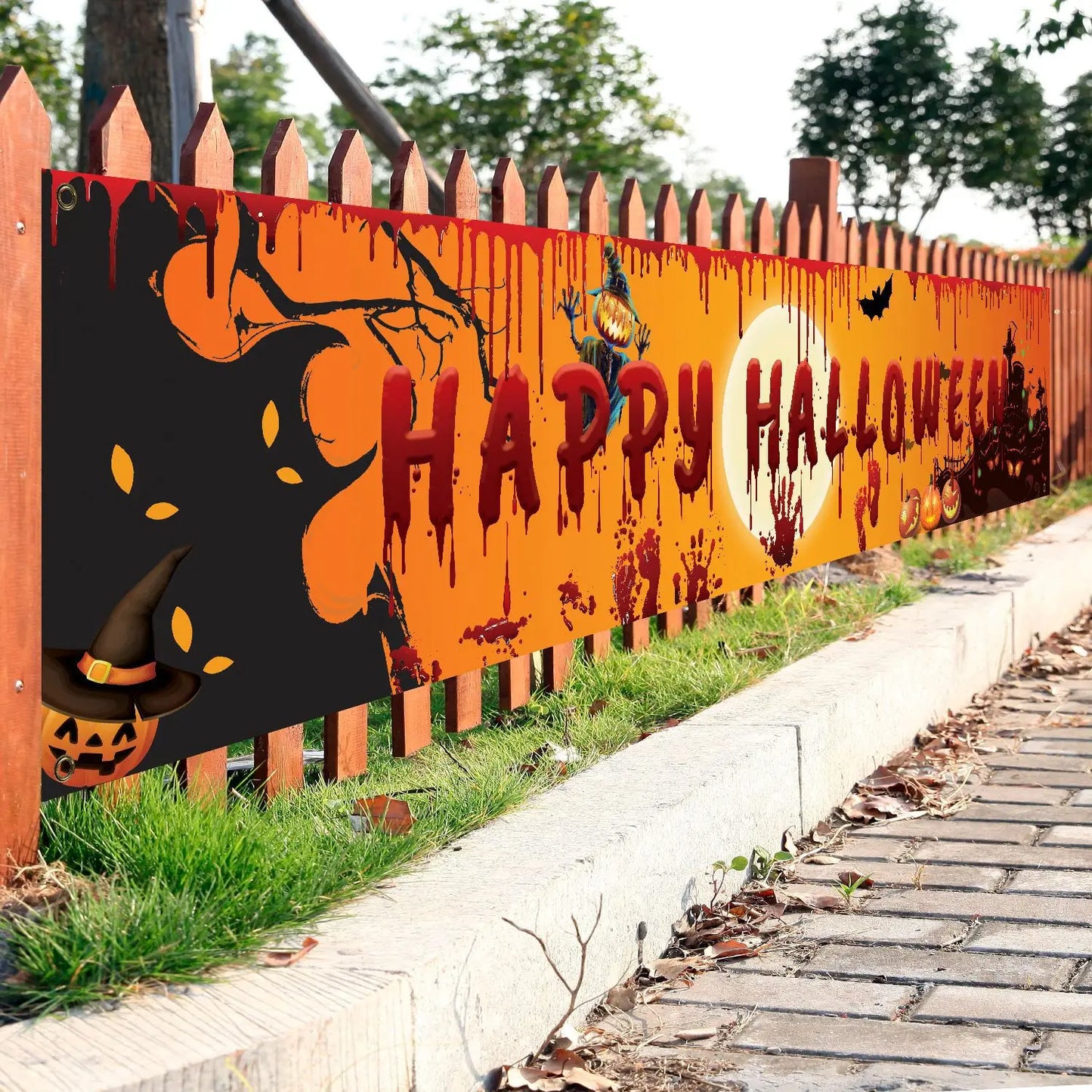 Happy Halloween Banner – 250cm Hanging Halloween Sign with Pumpkin & Bloody Handprint Design | Indoor & Outdoor Yard Party Decoration