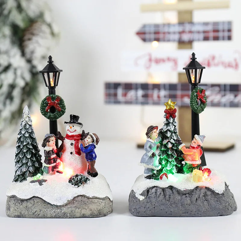 LED Christmas Village Ornament | Light-Up Resin Micro landscape Figurine with Santa & Snow Scene