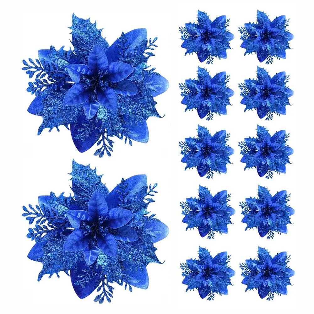5/10pcs Glitter Christmas Poinsettia Flower Ornaments – 14.5cm Artificial Decorations for Tree & Home