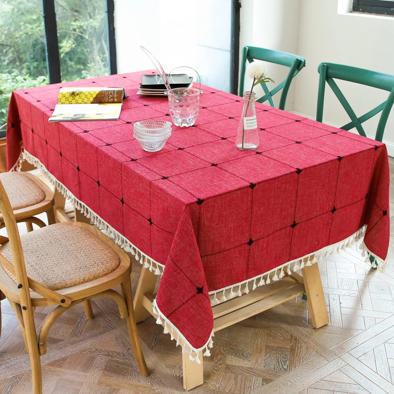 Textured Jacquard Checkered Tablecloth with Tassels | Cotton-Linen Winter Table Cover