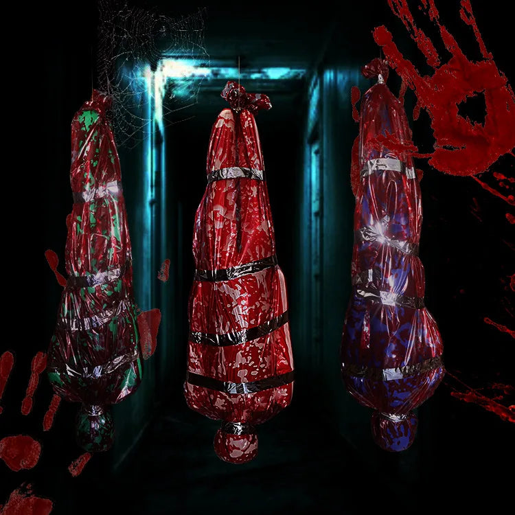 59-Inch Hanging Halloween Corpse Prop – Creepy Bloody Body Bag Decoration for Haunted Houses, Yards & Outdoor Horror Displays