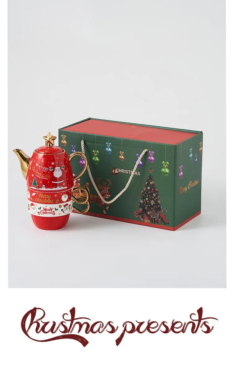 Christmas Ceramic Teapot & Teacup Set – Santa Claus or Elk Design with Gift Box