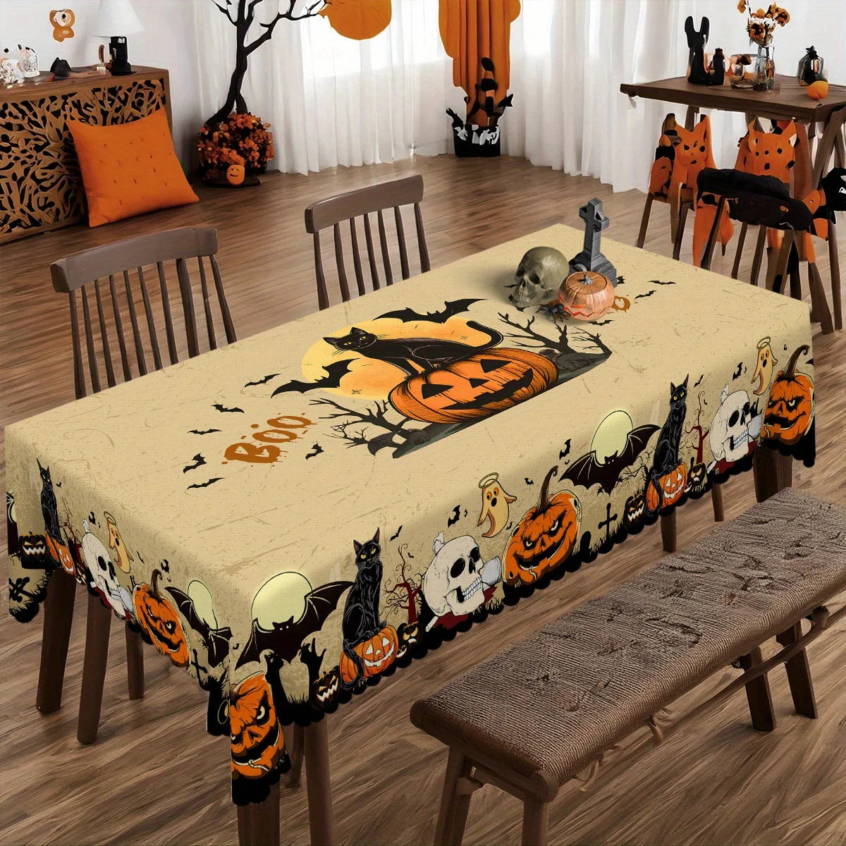 Halloween Tablecloth – Spooky Pumpkins, Bats, Skulls & Black Cat Design | Durable Polyester Table Cover for Kitchen, Dining & Party Decor
