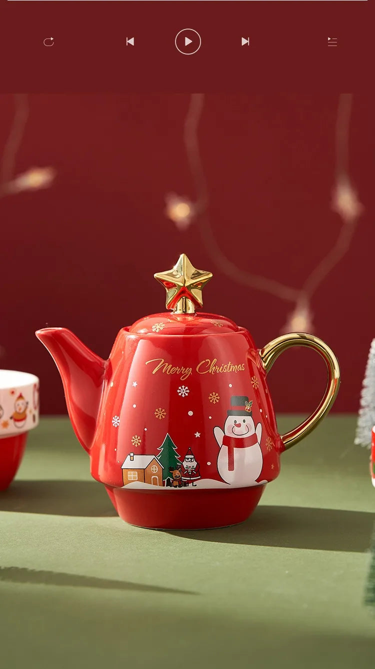 Christmas Ceramic Teapot & Teacup Set – Santa Claus or Elk Design with Gift Box