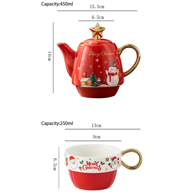 Christmas Ceramic Teapot & Teacup Set – Santa Claus or Elk Design with Gift Box