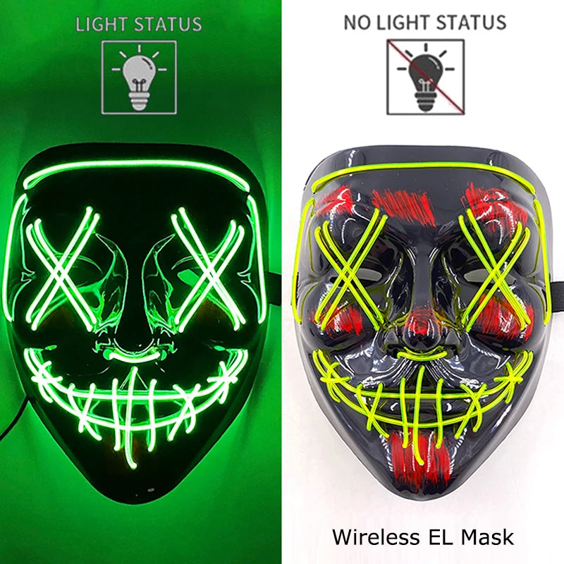 Wireless Neon LED Purge Mask – Glow-in-the-Dark Halloween Cosplay, Masquerade & Party Dress-Up Mask