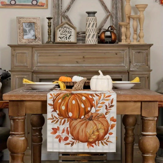 Autumn Polka Dot Pumpkin Table Runner – Fall Harvest Table Decor with Pumpkins & Leaves