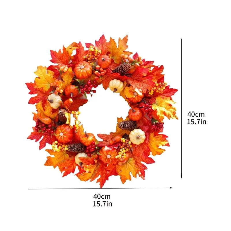 45cm Autumn Harvest Wreath – Artificial Pumpkin, Berry & Maple Leaf Front Door Decoration for Autumn/Fall & Halloween