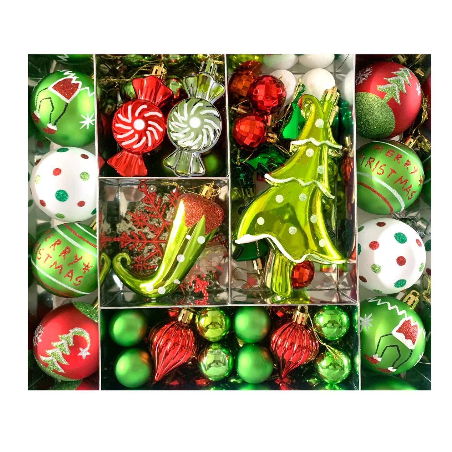 Set of 9/12/34 Grinch-Inspired Christmas Baubles – Green Painted Ornaments for Tree & Home Festive Décor