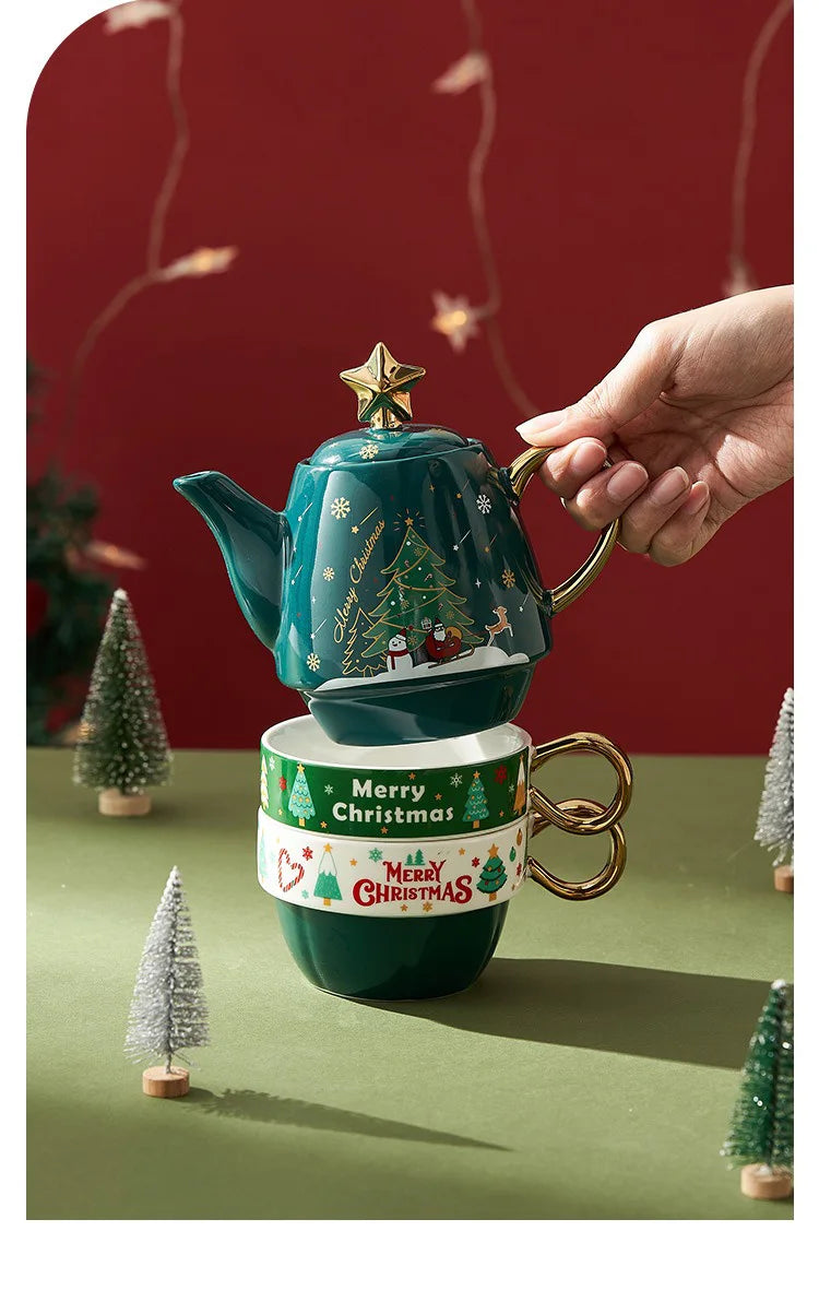 Christmas Ceramic Teapot & Teacup Set – Santa Claus or Elk Design with Gift Box