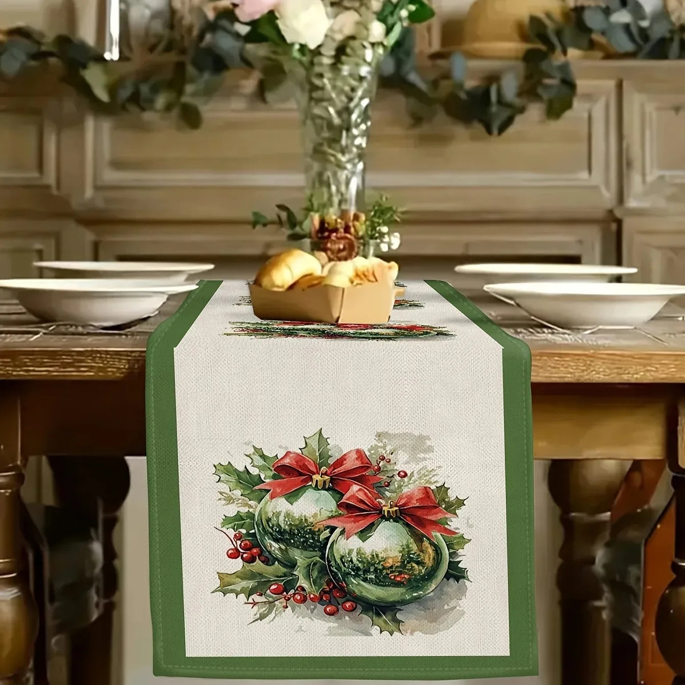 Christmas Holly Berry Tablecloth | Festive Red & Green Table Cover for Holiday Dining