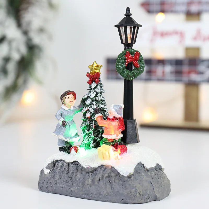 LED Christmas Village Ornament | Light-Up Resin Micro landscape Figurine with Santa & Snow Scene
