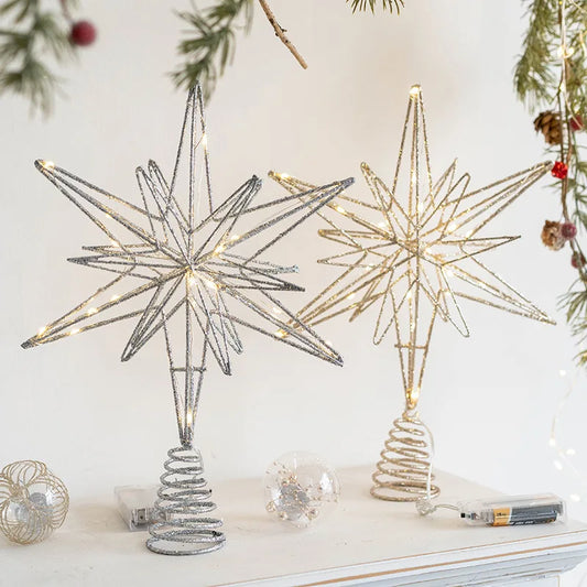 LED Light-Up Glitter Christmas Star Tree Topper – Warm White Treetop Decoration
