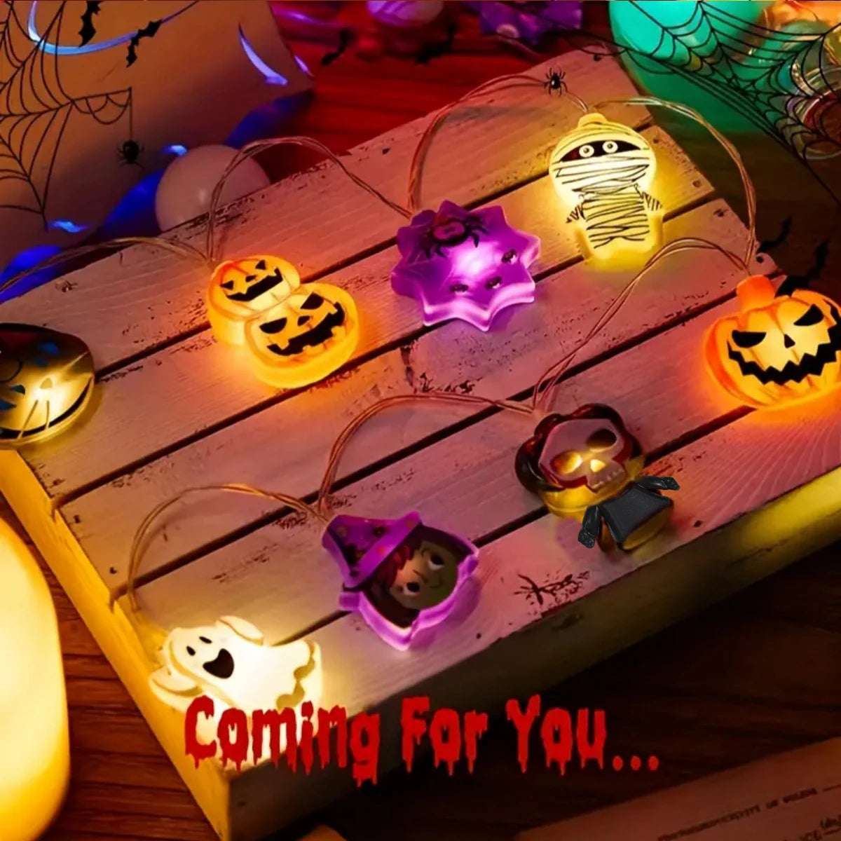 Halloween LED String Lights – 10/20 Battery-Powered Lights with Ghost, Pumpkin, Spider Web, Skeleton & Witch Designs for Indoor Décor