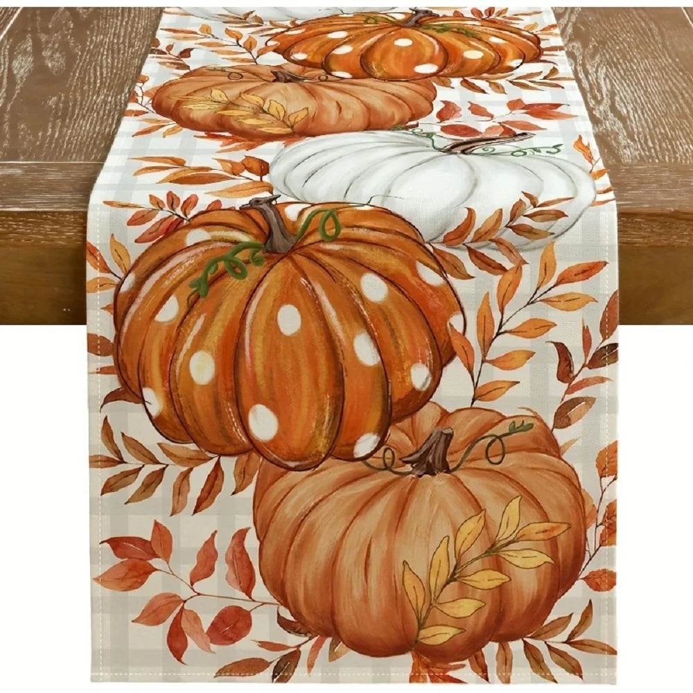 Autumn Polka Dot Pumpkin Table Runner – Fall Harvest Table Decor with Pumpkins & Leaves