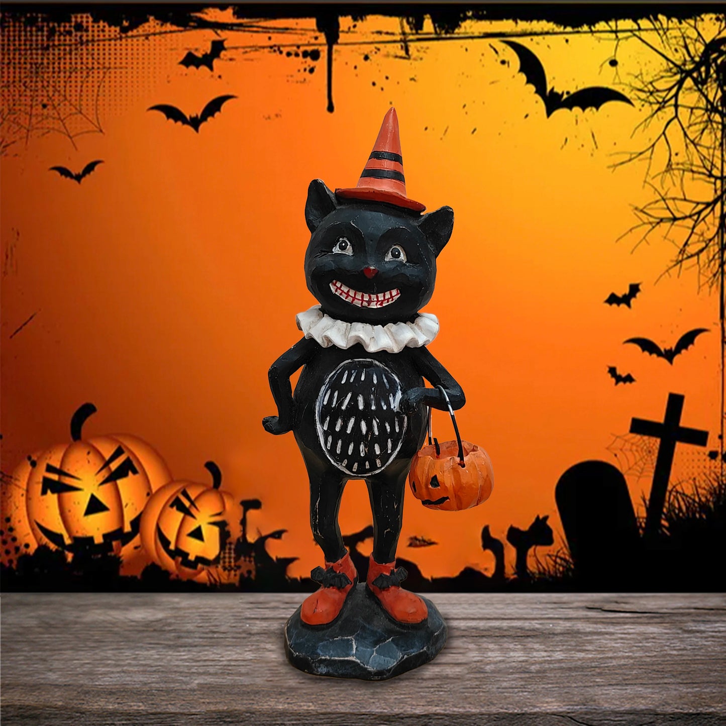 Halloween Pumpkin Puppet Decoration – Resin Owl & Black Cat Statue for Indoor & Outdoor Halloween, Garden & Home Décor