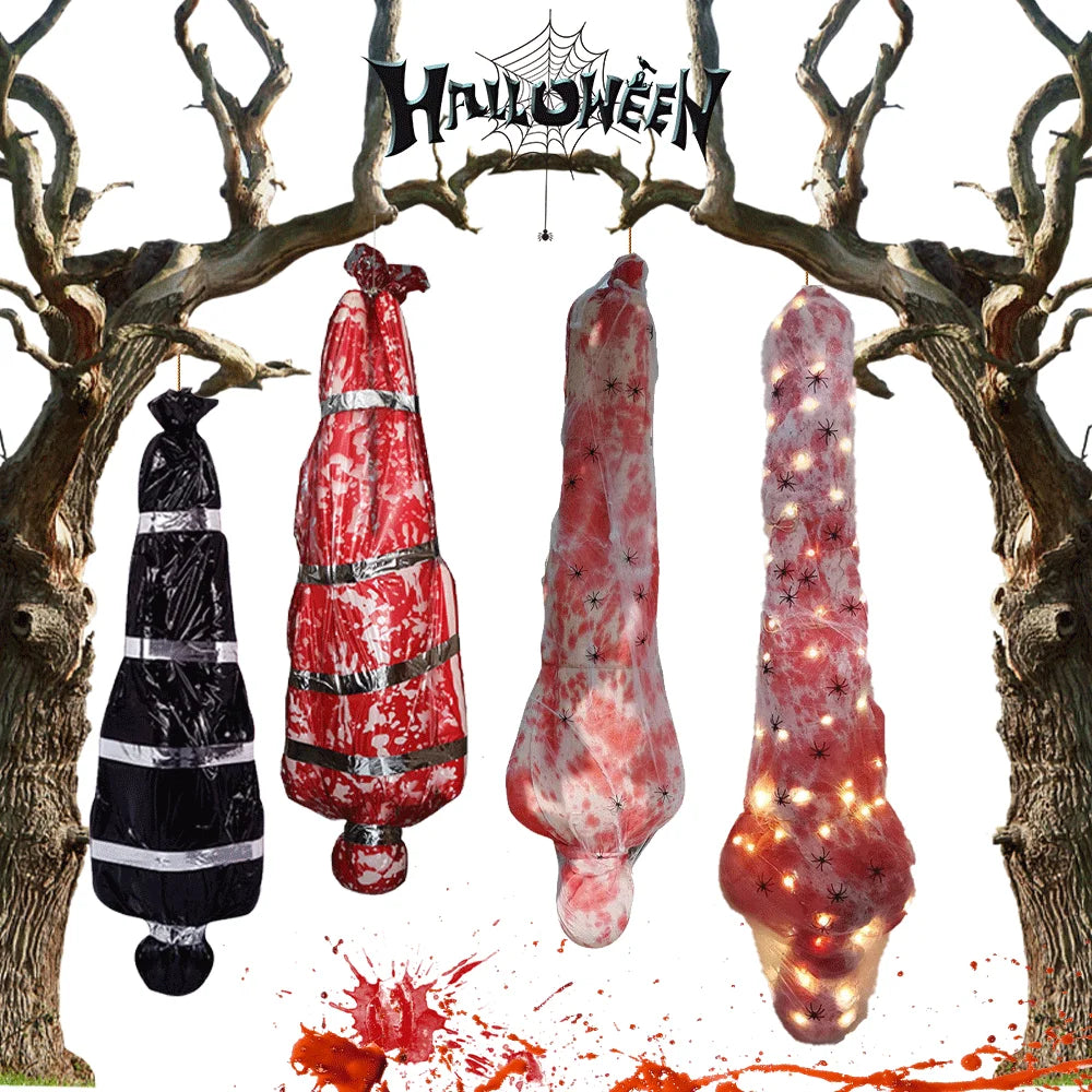 59-Inch Hanging Halloween Corpse Prop – Creepy Bloody Body Bag Decoration for Haunted Houses, Yards & Outdoor Horror Displays