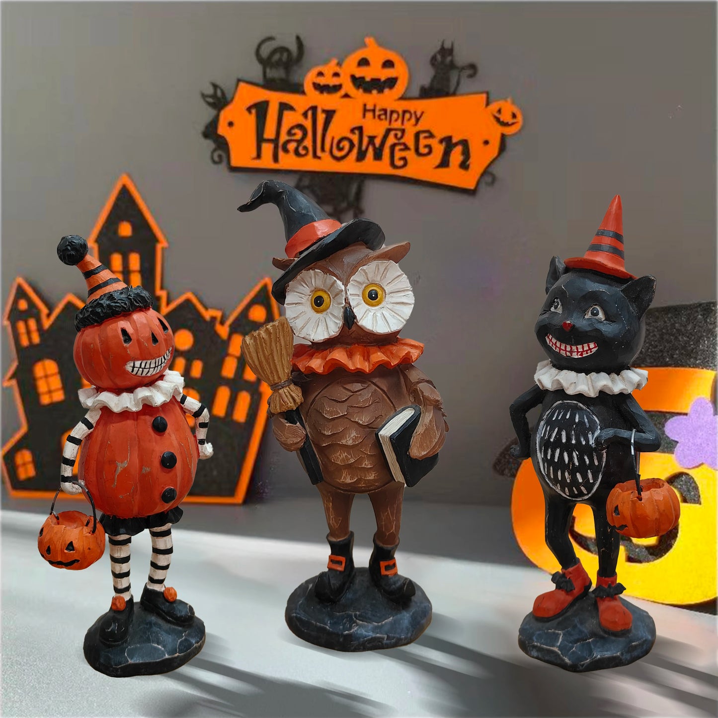 Halloween Pumpkin Puppet Decoration – Resin Owl & Black Cat Statue for Indoor & Outdoor Halloween, Garden & Home Décor