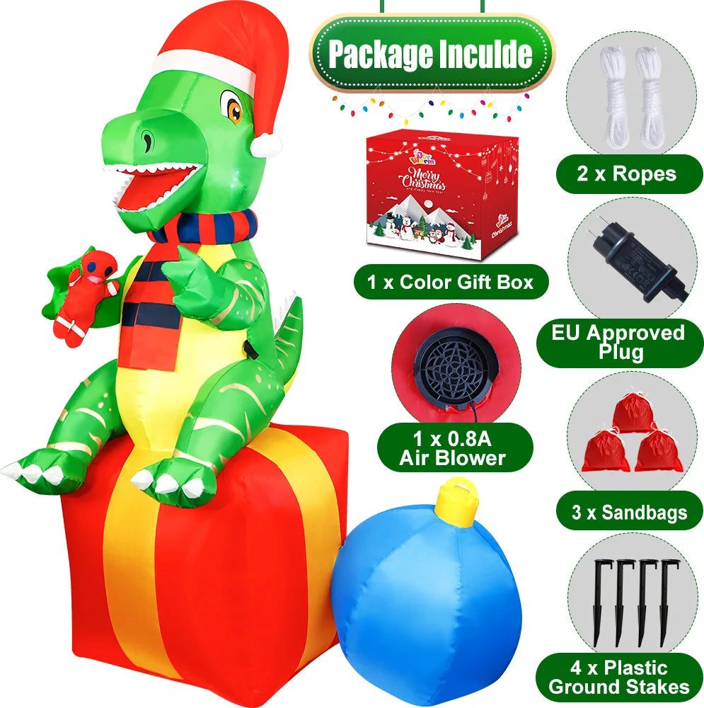 6FT Christmas Inflatable Dinosaur with LED Lights | Fun Outdoor Christmas Decoration