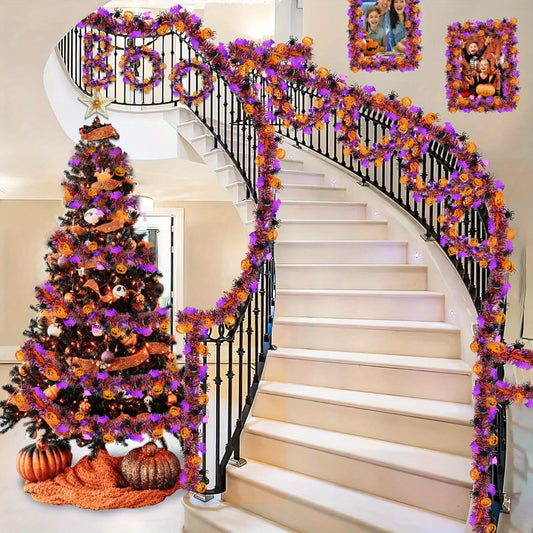 2m Halloween Tinsel Garland – Shiny Metallic Twist Garland with Orange Pumpkins, Black Spiders & Purple Bats for Party & Home Décor