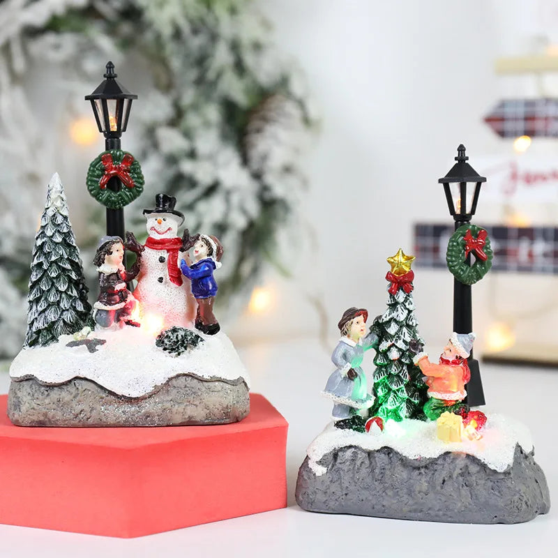 LED Christmas Village Ornament | Light-Up Resin Micro landscape Figurine with Santa & Snow Scene
