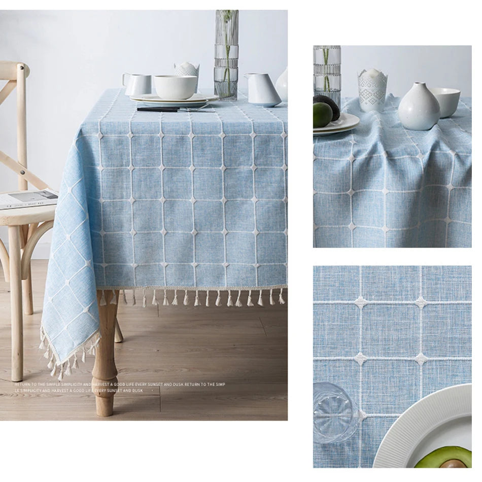 Textured Jacquard Checkered Tablecloth with Tassels | Cotton-Linen Winter Table Cover