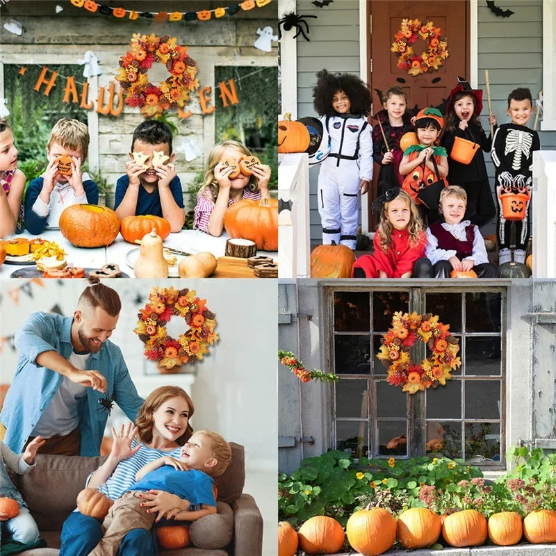 45cm Autumn Harvest Wreath – Artificial Pumpkin, Berry & Maple Leaf Front Door Decoration for Autumn/Fall & Halloween